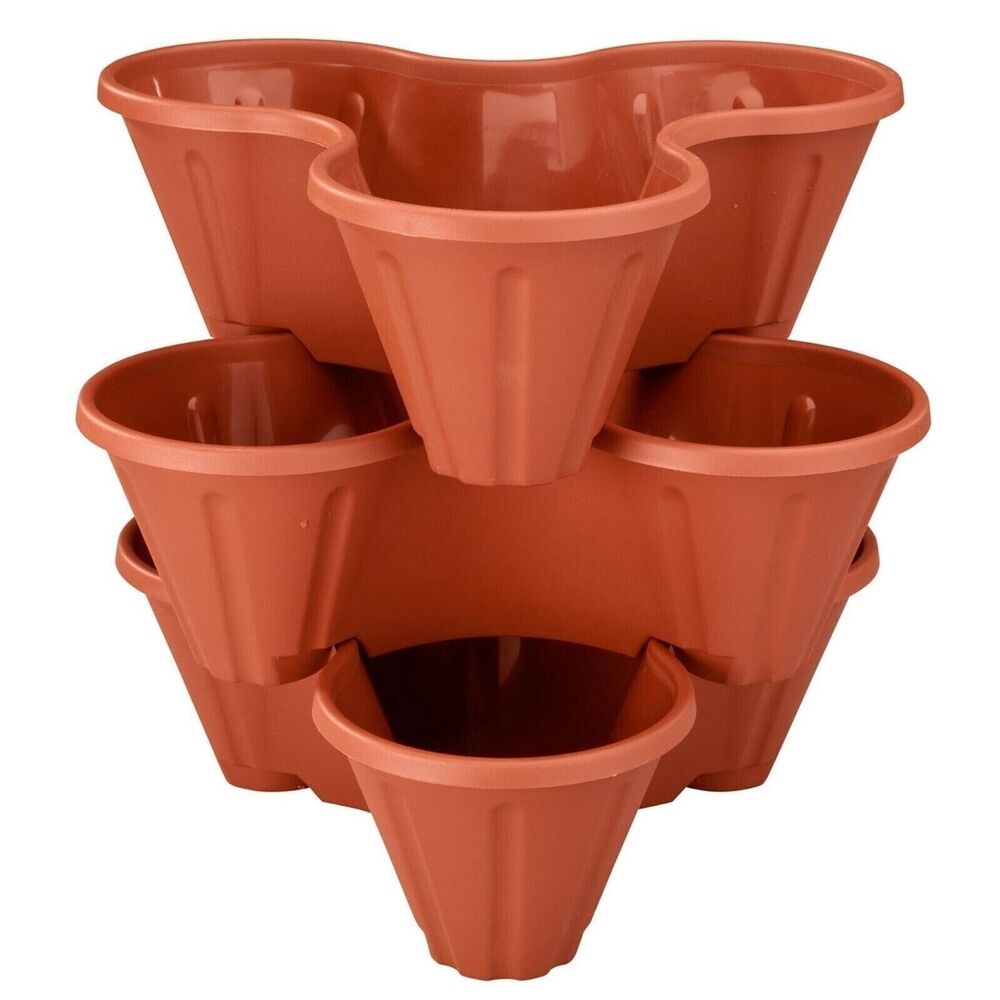 Stackable Planters 3-pc Weather Resistant Plastic Terra Cotta Color Garden Gift
